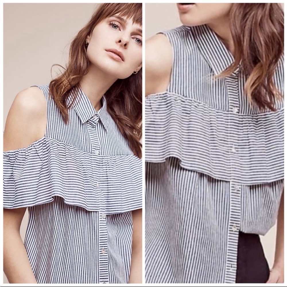 Anthropologie Sunday in Brooklyn Scilla Open Shoulder Top Ruffle Stripes NWT S